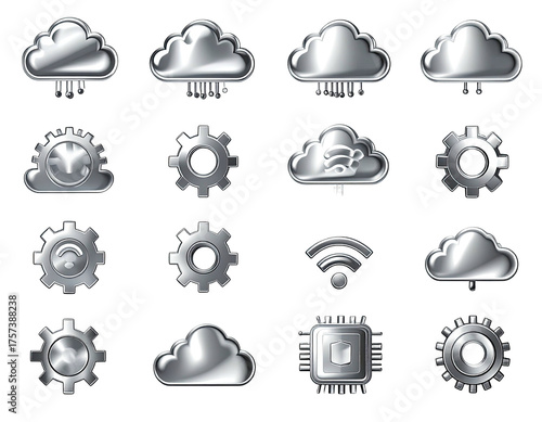 Metallic cloud computing and technological icons, gears, and wifi symbols arranged on black