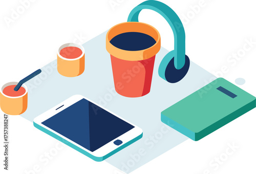 Isometric workspace illustration coffee phone headphones pen and desk objects vector