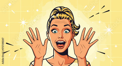 Surprised blonde woman in pop art style hands up vector illustration
