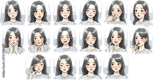 Set of womans facial expression illustrations showing various emotions hand drawn style