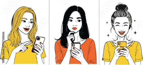 Diverse women using smartphones vector line art illustration for social media communication and conn
