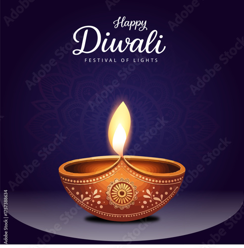 Happy Diwali Festival of Lights Greeting Card with Traditional Diya Background Template