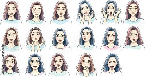 Set of diverse woman face expressions vector illustration of various emotions isolated on white back