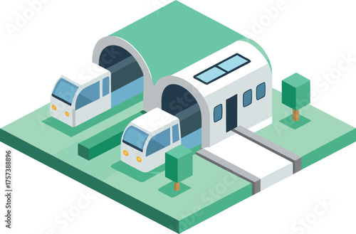 Modern isometric underground transport station with futuristic trains vector illustration