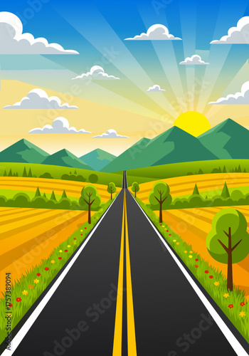 Scenic highway leading towards the sun, surrounded by fields and mountains in a vibrant, colorful landscape