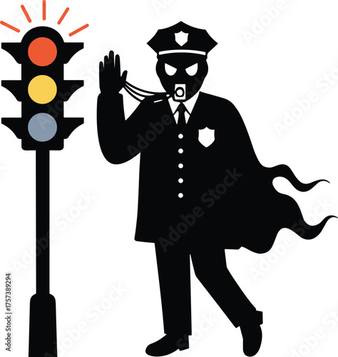 Superhero traffic police officer, spooky law enforcement art, eerie traffic light illustration, supernatural authority figure, haunted cop design, dark Halloween character concept