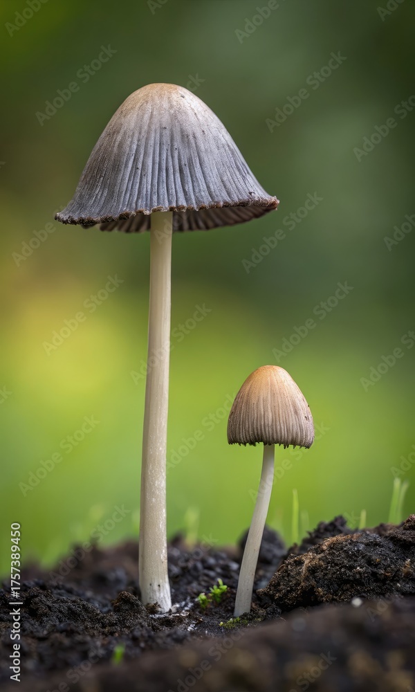 Fototapeta premium Two wild mushrooms of different sizes emerging from rich soil against a blurred green background