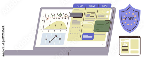 Laptop displaying data charts, Kanban workflow with to-do tasks, and GDPR security shield. Ideal for data analysis, project management, workflow optimization, privacy compliance, teamwork