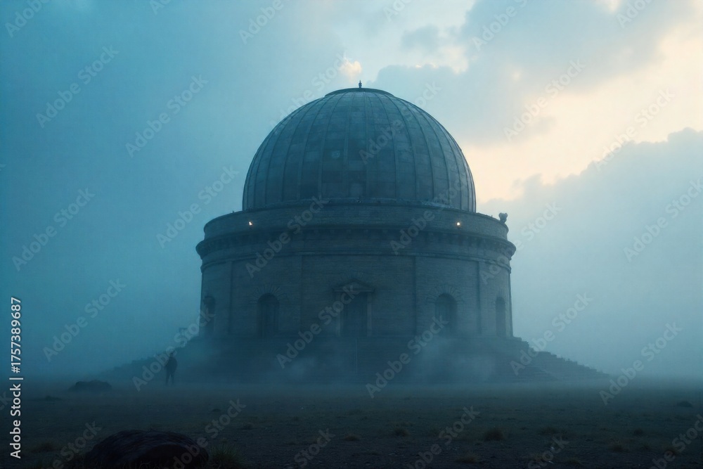 Obraz premium Misty Maya Observatory An ancient Maya observatory structure partially obscured by thick, ethereal morning mist. The weathered stone is barely visible through the fog, creating a mysterious and
