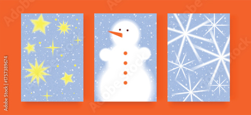 Set of winter posters with snowman, stars, and snowflakes on blue background. Cozy seasonal holiday collection for Christmas and New Year greeting cards, posters, and web design