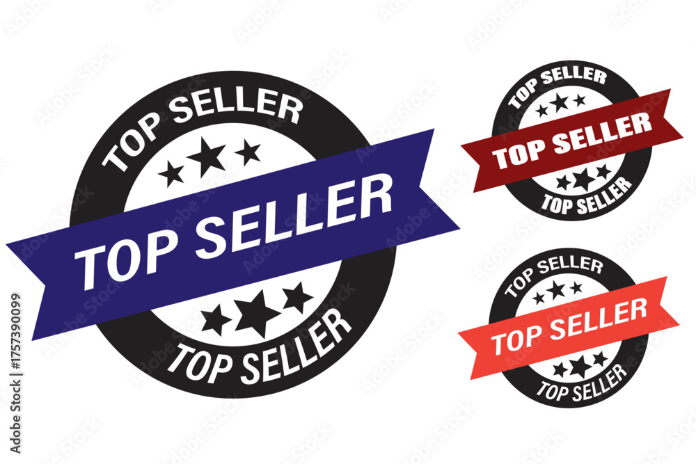 Obraz premium Set of Top Seller badges with ribbons, stars, and bold text for best quality products and services