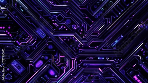Abstract circuit board design with neon lines in blue and purple
