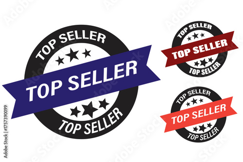 Set of Top Seller badges with ribbons, stars, and bold text for best quality products and services