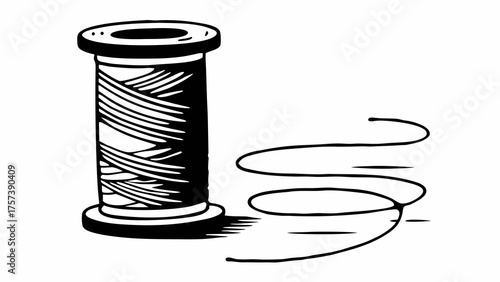 A black and white drawing of a spool of thread