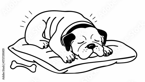 A bulldog sleeping peacefully on a soft pillow