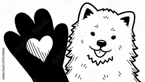 A cute Samoyed dog waving paw with heart symbol