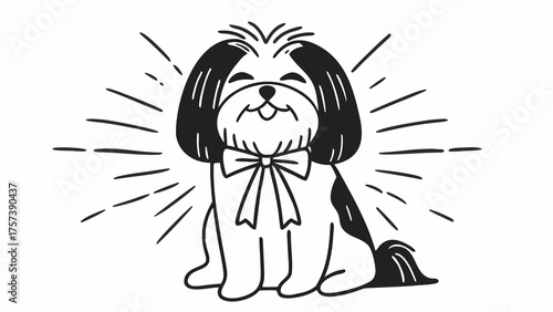 A cute Shih Tzu dog with a bow tie sitting happily