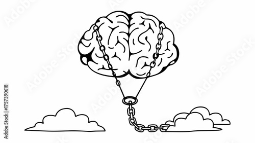 Brain chained to something in the clouds