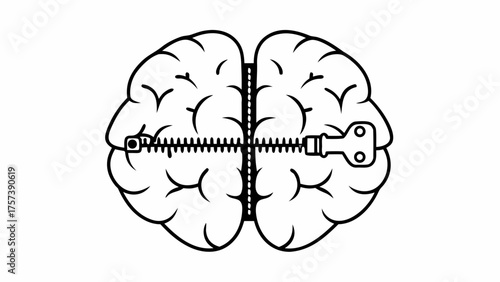 Brain Illustration with Zipper Representing Concealed Thoughts