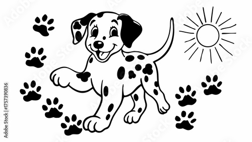 Happy Dalmatian puppy with paw prints running on white