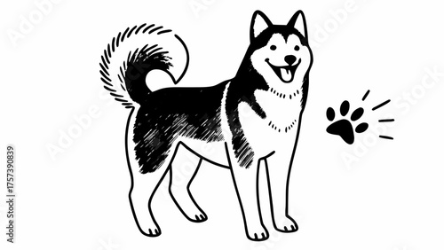 Happy Husky with wagging tail and small paw outline vector art