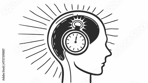 Human Head with Time Clock Inside Conceptual Illustration
