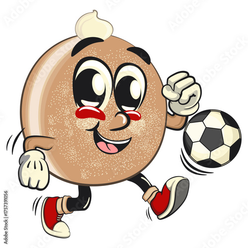 cute sugar donut bun mascot cartoon character vector illustration playing football or soccer, sweet bakery dessert food icon isolated, work of hand drawn