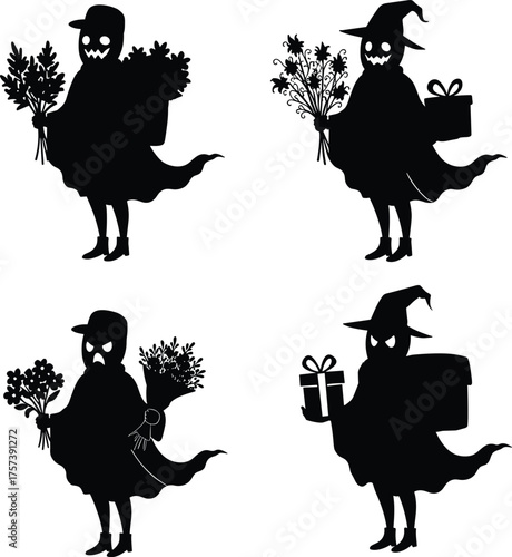Whimsical spooky silhouettes, ghostly character design, eerie costume art, creepy figure illustration, Halloween festive theme, haunted gift concept, dark fantasy style