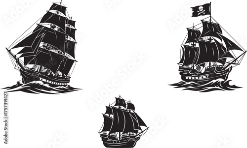 Pirate Ship and Tall Ship Silhouette Vector Icons with Jolly Roger Flag