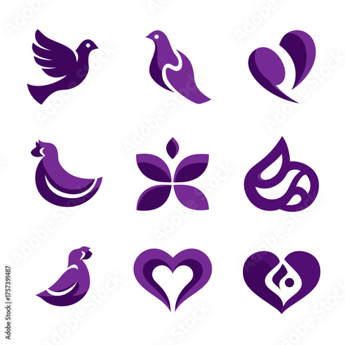 Abstract purple vector icons set with birds, hearts, nature, and human figures for wellness, peace, and love logo design elements