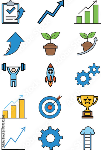 Business Growth and Success Flat Line Icons Collection vector