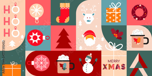 Modern Merry Christmas banner template in abstract geometric style with holiday icons and Merry Xmas text, for packaging, greeting cards, posters, web graphics, and seasonal templates. Vector