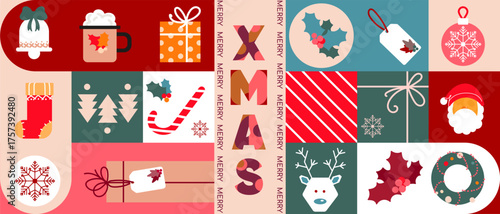 Modern geometric Christmas and New Year banner background suitable as a seamless pattern with Festive Icons for holiday cards, packaging, posters, web banners, seasonal print, digital designs. Vector
