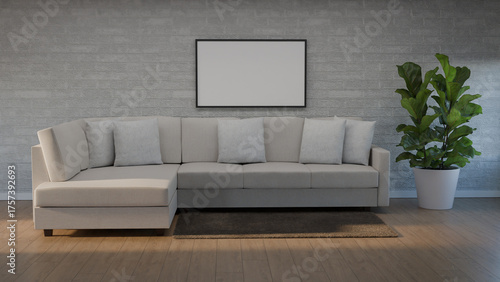 Livingroom with a sofa near the wall. Mockup painting on the wall. 3D Render