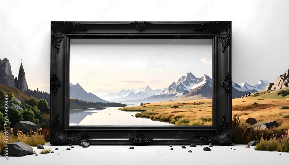 Fototapeta premium Elegant black frame showcasing serene mountain vista, grassy foreground