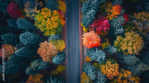 A breathtaking aerial view of a forest painted with vibrant autumn hues