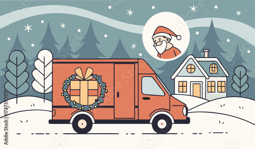 santa claus driving delivery van with gift box container shipping transport for merry christmas happy new year winter holidays celebration concept horizontal snowy cityscape background flat horizontal