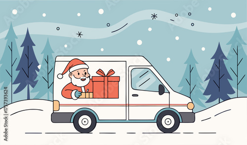 santa claus driving delivery van with gift box container shipping transport for merry christmas happy new year winter holidays celebration concept horizontal snowy cityscape background flat horizontal