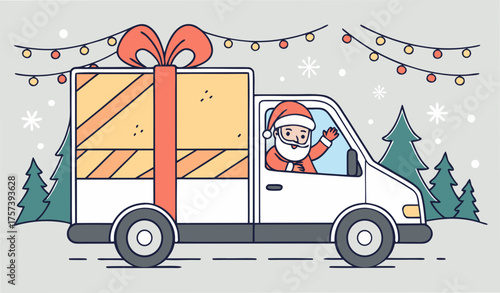 santa claus driving delivery van with gift box container shipping transport for merry christmas happy new year winter holidays celebration concept horizontal snowy cityscape background flat horizontal