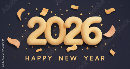 Yellow inflated balloon numbers “2026” and confetti on a dark blue background. Holiday design with “Happy New Year” lettering, for greeting cards, party invitations, posters, and seasonal banners.
