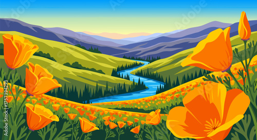 Vibrant vector illustration of a scenic mountain valley with a winding river and blooming orange poppy flowers in spring