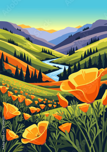 Scenic Illustration of a Vibrant Meadow with Flowing River, Rolling Hills, and Golden Poppies in Bloom