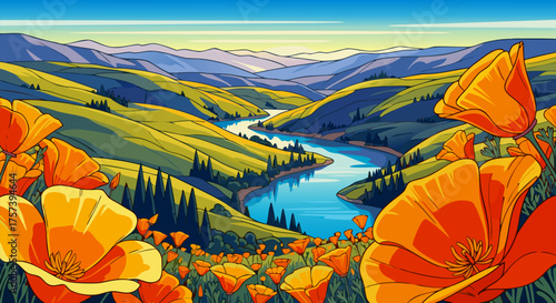 Vibrant California Poppy Fields Blooming in a Sun-Drenched Valley with a Winding River