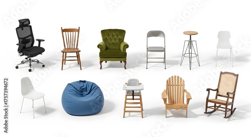 Assortment of different types of chairs arranged on a white background in a studio setting