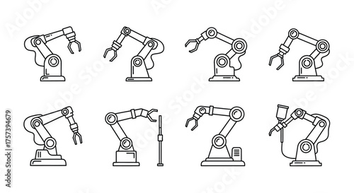 Industrial robotic arms collection diverse poses automated manufacturing technology set vector