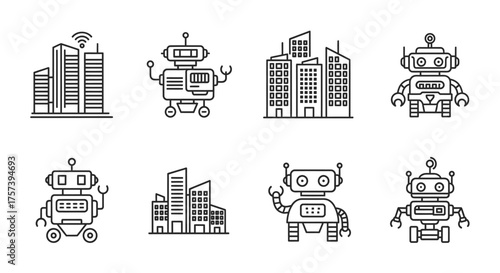 Set of stylized robots and smart city buildings in a clean outline design for futuristic technology concepts vector