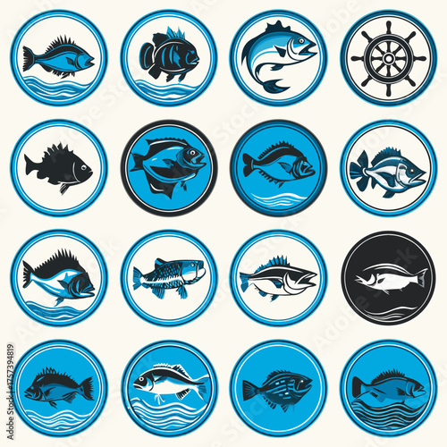 Set of fishing and marine icons with various fish species and a ship's wheel, ideal for seafood restaurants or angling themes