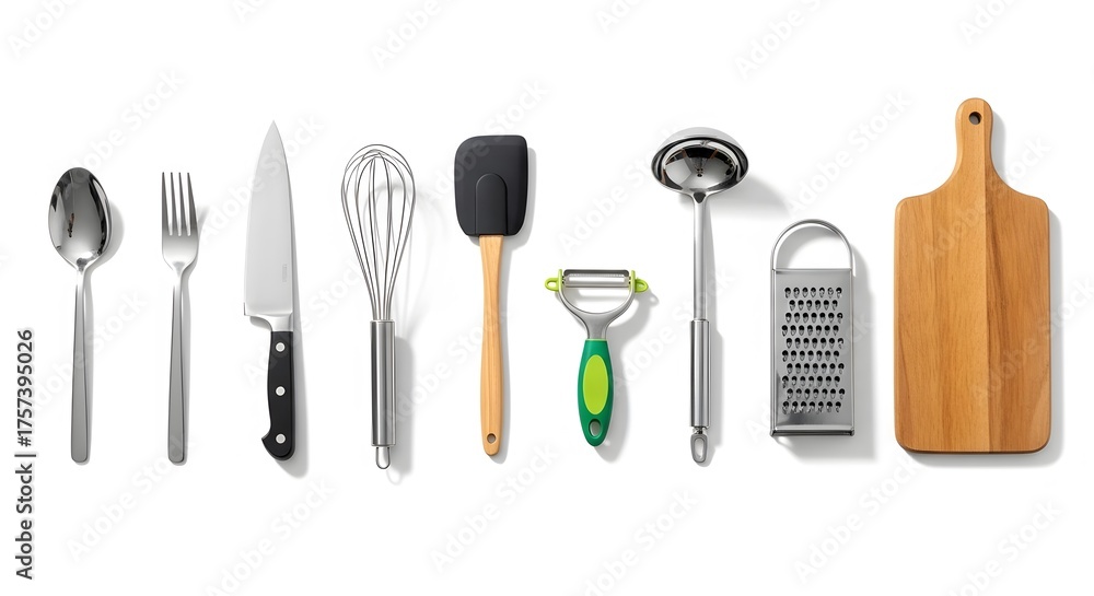 Fototapeta premium An overhead shot of kitchen utensils including a spoon fork knife and other cooking equipment items
