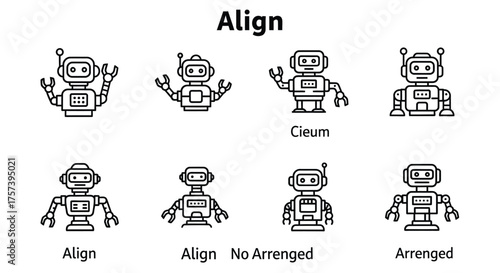Cute cartoon robots arranged in rows demonstrating alignment and ordering concepts visually vector