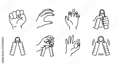 Collection of hand gestures and exercises depicting strength and dexterity in sketches vector